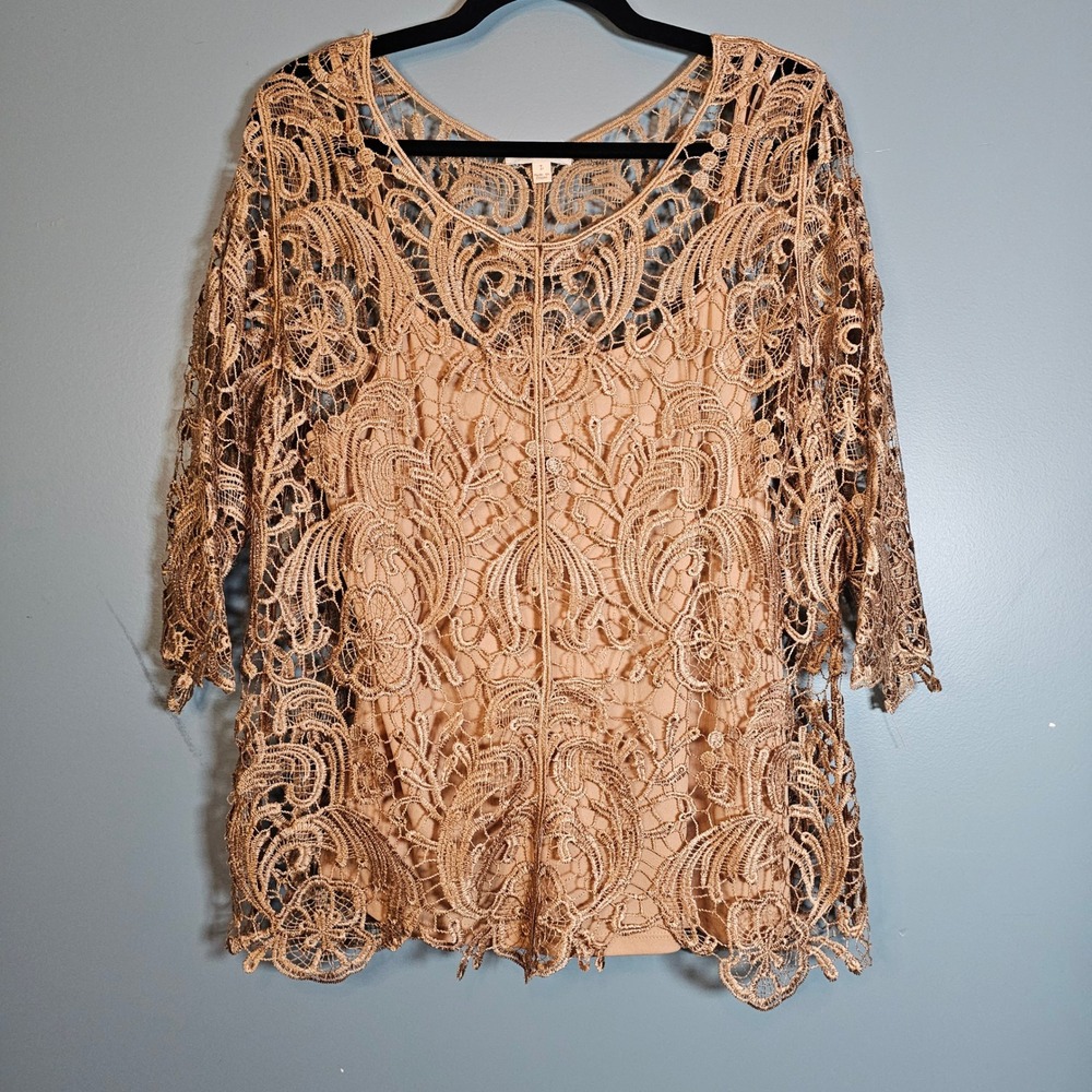 ADIVA Women's Tan Floral Guipure Crochet Lace Boho Blouse 3/4 Sleeve Lined Top